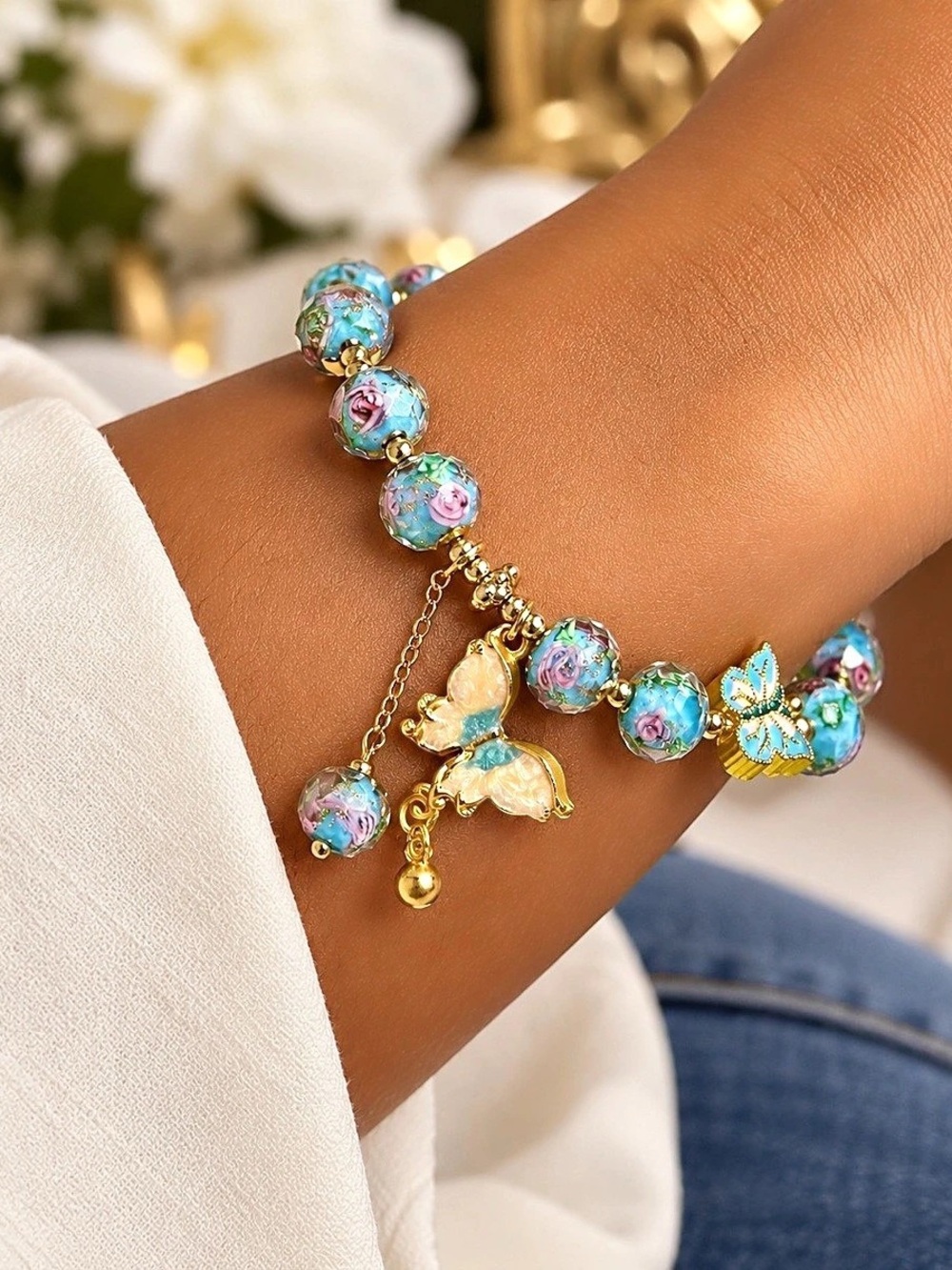 Blue Beaded Butterfly Charm Bracelet Like New